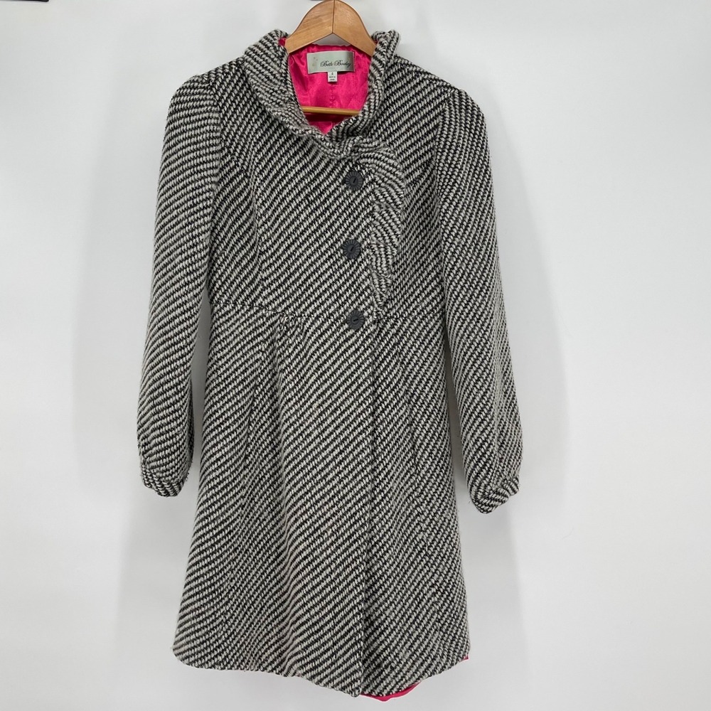 Beth Bowley Black White Herringbone Coat Funnel Neck Pink Lining Size 4 Coquette
